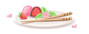 3D gerçekçi Japon tatlısı Daifuku Mochi ve çilek tabağı. Pirinç hamurlu yarım pasta. Sakuri çiçekleri ve hashi ile servis edildi.