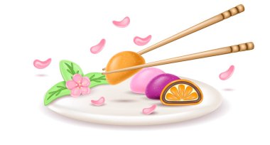 3D gerçekçi Japon rengarenk Daifuku mochi tatlısı. Pirinç hamurlu yarım pasta. Sakuri çiçekli servis tabağı ve hashi mochi tutuyor.