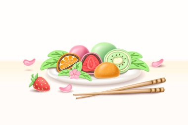 3D gerçekçi Japon rengarenk tatlı Daifuku Mochi, bir tabakta çilek, portakal ve kivi. Pirinç hamurlu yarım pasta. Sakuri çiçekleri ve hashi ile servis yapmak..