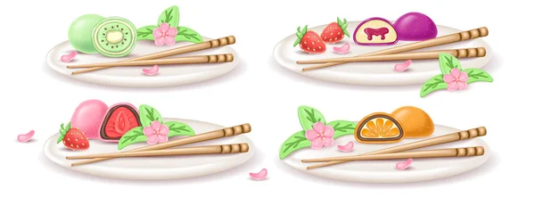 ストロベリー オレンジ キウイを用いた和菓子大福モチの3Dリアルなプレート 米生地に半分のケーキを 桜の花と寿司と料理を提供しています — ストックベクタ