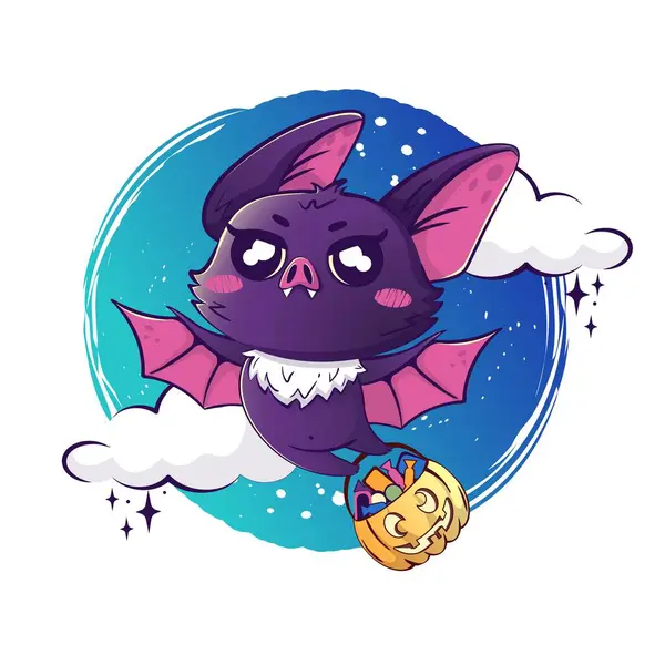 Kawaii Bat Flying Basket Pumpkin Shaped Sweets Background Night Halloween — Stock Vector