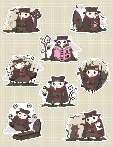 Bundle Stickers Cute Kawaii Plague Doctor Various Poses Medical Routine — Stock Vector