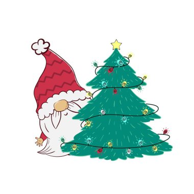 Şirin cüce, büyük bir Noel ağacının arkasından çelenk ile dışarı bakar. Çizgi film cüce karakterinin vektör illüstrasyonu.