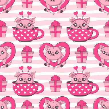 Kawaii domuzunun aşık, kalbi ve hediyesi kusursuz. Sevgililer günü partisi, tatil, tatil konsepti. Ürün tasarımı, duvar kağıdı, ambalaj kağıdı için vektör illüstrasyonu..