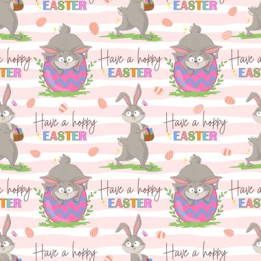 Kocaman Paskalya yumurtaları ve neşeli tavşanlarla kusursuz bir desen. Bahar karakteri ambalaj kağıdı şablonu tekrarlamaya hazır.