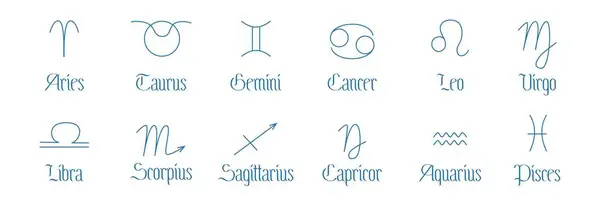 Set Minimalistischer Symbole Astrologischer Symbole Der Tierkreiszeichen Und Ihrer Namen lizenzfreie Stockvektoren
