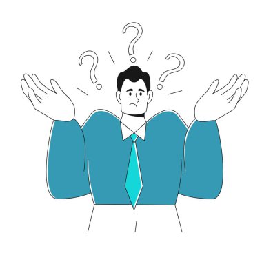 Modern genç işadamı omuzlarını silker, cevabı bilmez, bir soru sorar. İş çözümleri kavramı, iş süreci, sorun çözme