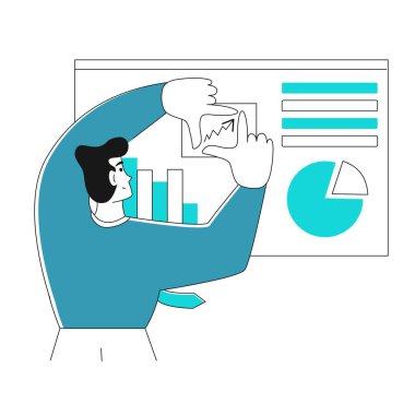 Modern genç iş adamı satış büyüme grafiğine işaret ediyor. veri analizi kavramı, satış istatistikleri, veri görselleştirmesi