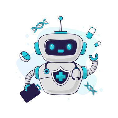 Tıbbi robot asistanı yardım etmeye hazır. Geleceğin tıp anlayışı. Kişisel sağlık hizmetleri, yapay zeka destekli teşhisler ve teletıp yenilikleri.