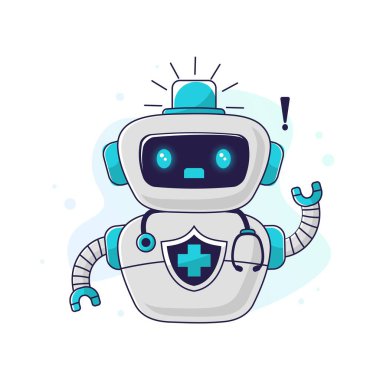Tıbbi robot asistanı tehlike konusunda uyarır ve size ilaç almanız gerektiğini hatırlatır. Hastalık önleme konsepti. Geleceğin tıp anlayışı. Kişisel sağlık hizmetleri, yapay zeka destekli teşhisler.