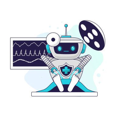 Tıbbi robot asistan cerrah yüksek hassasiyetle çalışır. Geleceğin tıp anlayışı. Kişisel sağlık hizmetleri, yapay zeka destekli teşhisler ve teletıp yenilikleri.