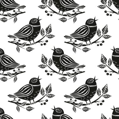 Kusursuz desenli bahar kuşu, çiçekli ve dutlu bir dalda linocut tarzında oturuyor. Kuşların siluet vektör çizimi