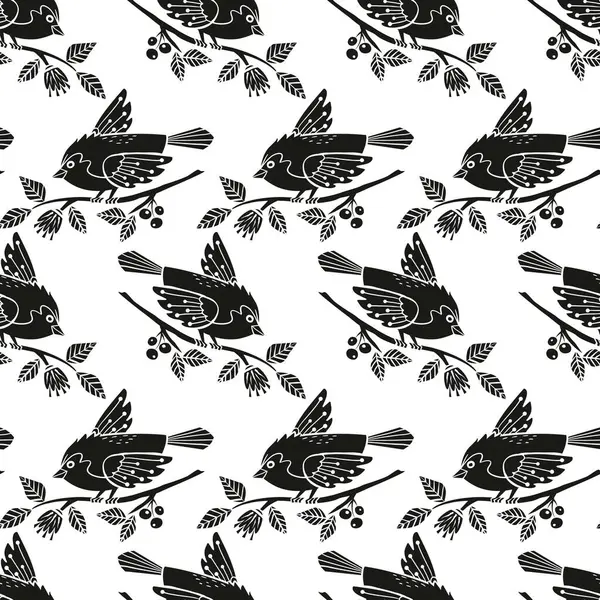 Kusursuz desenli bahar kuşu, çiçekli ve dutlu bir dalda linocut tarzında oturuyor. Kuşların siluet vektör çizimi