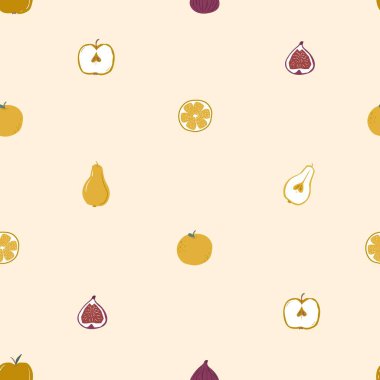 Güz tatlısı ve rahat tasarım elementleriyle kusursuz desen. Meyveli, sebzeli ve sıcak gölgeli fabrika deseni