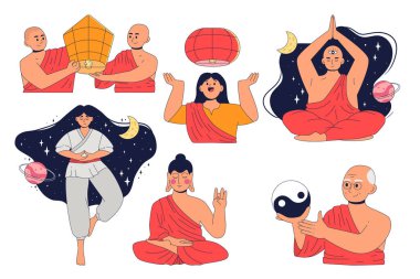 Budist felsefesi seti. Budist keşişler, yaşlı kadınlar ve erkekler meditasyon yapar, karma öğretilerini yorumlar, Buda 'nın doğumunu kutlarlar.