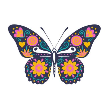 Çiçekler ve dekoratif elementlerle süslenmiş kelebek iskeleti, yan görüş. Meksika Ölüler Günü için neşeli hayvan, Dia de los Muertos.