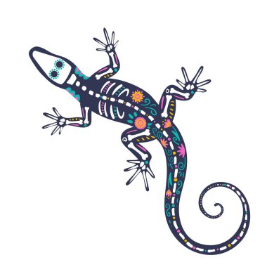 Kertenkele iskeleti çiçeklerle süslenmiş ve dekoratif elementlerle süslenmiş. Meksika Ölüler Günü için neşeli hayvan, Dia de los Muertos.