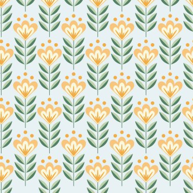 Modern düz geometrik soyut uzun çiçek çanları İskandinav tarzında. Minimalist süs pastel yeşil turuncu arkaplan