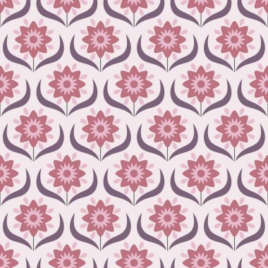 Folk İskandinav tarzında yaprakları olan Herberlerin modern düz geometrik soyut çiçekleri. Minimalist süsleme Pastel Pembe arkaplan