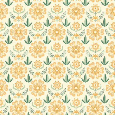 Modern pürüzsüz geometrik soyut çiçekler ve folklor İskandinav tarzında yapraklar. Minimalist süs pastel yeşil turuncu arkaplan