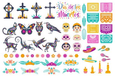 Büyük set elementleri Meksika Ölüler Günü çiçekli hayvan iskeletleri, botanik çiçekli sınırlar, haçlı sunaklar, beyaz arka planda izole edilmiş şeker kafatasları ve manzara