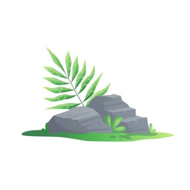 Beyaz arka planda izole edilmiş taş ve tropikal bitkilerle dolu bir sahil manzarası. oyun tasarımı, şablonlar, baskılar için tropik orman palmiyeleri simgesi