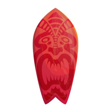 Red surfboard with a tiki mask design, showcasing polynesian culture and surfing tradition. Perfect for summer vibes and water sports enthusiasts clipart