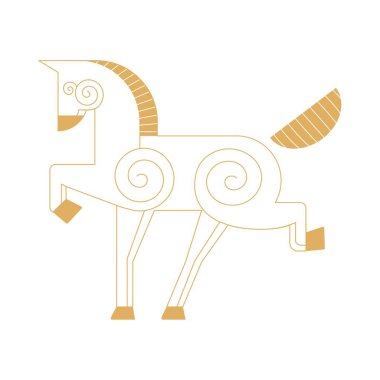 Yeni yıl Çin burcunun yeni kuşak burcunda at burçları altın simgeler. Çin zodyak takvim logosu, Asya astrolojik işaretleri. Doğrusal basit minimalist konum biçimi.
