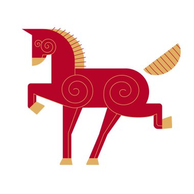Yeni yıl Çin burcunun modası soyut kırmızı ve altın renkli geometrik hayvan atı düz minimalist yerel stil. Çin zodyak takvim logosu, Asya astrolojik işaretleri.