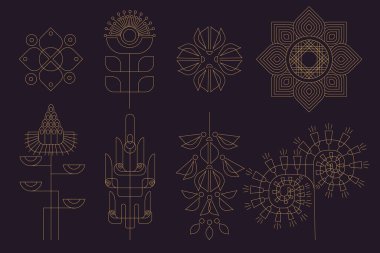 Koyu bir zemin üzerinde altın çizgili zarif geometrik çiçek seti arılar için nektar zengini çiçekler markalaştırma ve dekorasyon minimalist botanik vektör koleksiyonu için mükemmel