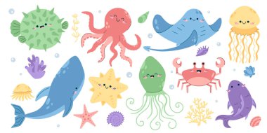 Deniz hayvanlarının vektörleri, el yapımı deniz yaşamını oluşturuyor. Balina mürekkep balığı ahtapot iğneli denizanası yengeci yılan balığı deniz yıldızı deniz yosunu tatlı okyanus karalaması izole edilmiş beyaz arka plan