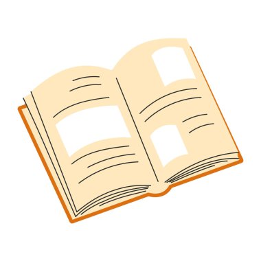 Turuncu kapaklı, üst açılı bir kitap. Yayılmasını yazı ve çizimlerle görebilirsiniz. Beyaz arkaplanda minimalist biçimdeki vektör illüstrasyonu.