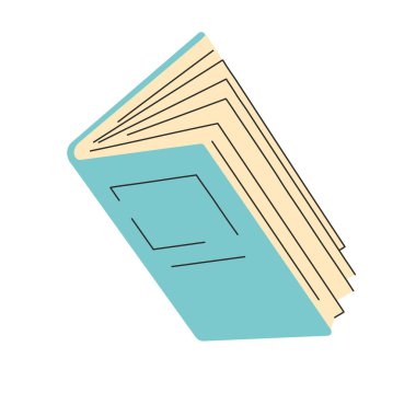 Mavi kapaklı açık bir kitap, bir açıdan yan görüş. Hareket halindeki sayfaları görebiliyor. Beyaz arkaplanda minimalist biçimdeki vektör illüstrasyonu.