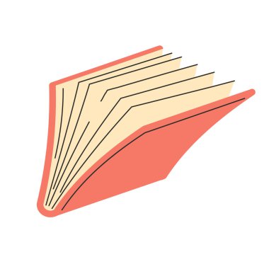 Mercan kapaklı ve sayfaların fanı olan açık bir kitap, izometrik kenar görüş. Minimalist biçim, hafif arkaplan, okuma, bilgi ve edebiyat sembolü.