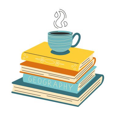 Üzerlerinde duran sevimli kitap yığını bir fincan kahve, izometrik kenar görüş. Minimalist biçim, hafif arkaplan, okuma, bilgi ve edebiyat sembolü.