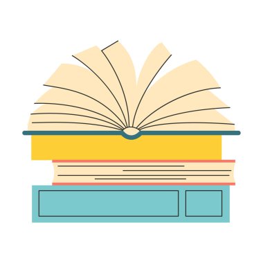 Bir yığın kitabın üzerinde yan görünümü olan açık bir kitap. Sayfalar hareket halinde. Beyaz arkaplanda minimalist biçimdeki vektör illüstrasyonu.