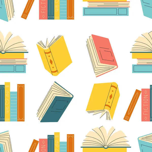 Elle çizilmiş kusursuz desen farklı yığın ve kitap yığınları, beyaz arkaplanda izole edilmiş açık ve kapalı kitaplar.