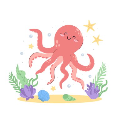 Deniz hayvanı kawaii pembe ahtapotlu basit bir el çizimi sahnesi. Düz çizgi film tarzında tatlı su altı yaratıkları, izole edilmiş. Okyanus temalı projeler