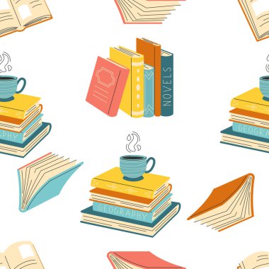 Şirin elli kusursuz desen, beyaz arkaplanda izole edilmiş farklı kitap yığınları ve yığınları, açık ve kapalı kitaplar çizdi.