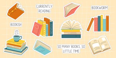 Kitap çıkartmaları hazır. El çizimi kitap koleksiyonu, edebiyat okumaları, yazıtlar. Sevimli farklı kitaplıklar ve yığınlar, beyaz arkaplanda izole edilmiş açık ve kapalı kitaplar.