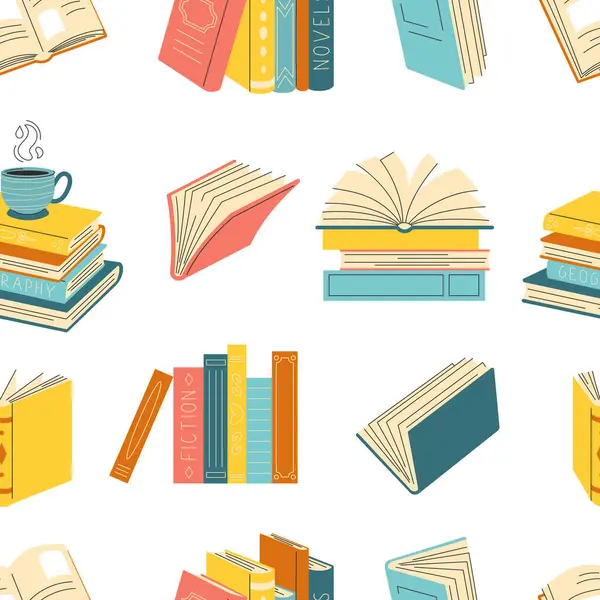 Elle çizilen kitapların kusursuz deseni. Sevimli farklı kitaplıklar ve yığınlar, beyaz arkaplanda izole edilmiş açık ve kapalı kitaplar.