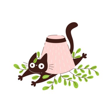 Komik siyah kedi bir saksıyı kendi kendine devirdi. Evcil hayvanlar ve saksılarda saksılar.