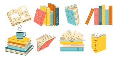 Bir sürü kitap ve kitap yığını. Bir dizi açık ve kapalı kitap. Eğitim teması. Beyaz arkaplanda izole edilmiş bilimsel ve kurgu edebiyatı