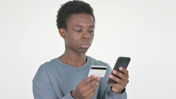 Casual African Man Having Online Payment Problem White Background — Vídeo de Stock