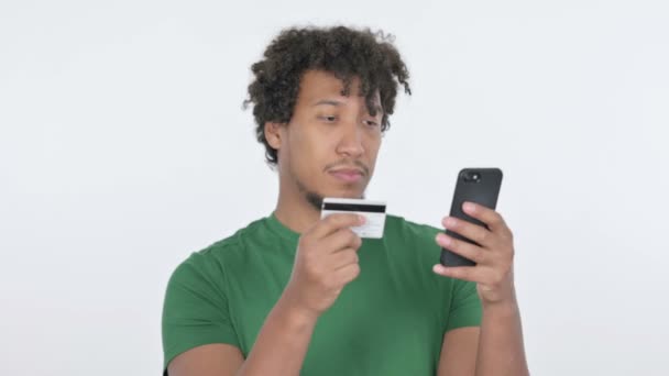 Casual African Man Having Online Payment Problem White Background — Video Stock