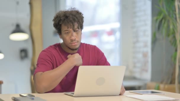 Pensive Young African Man Working Laptop — Vídeos de Stock