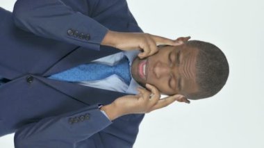 Vertical Video of Tense Young African Businessman with Headache on White Background