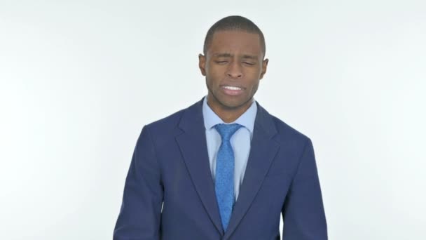Sad Young African Businessman Crying White Background — Stock Video