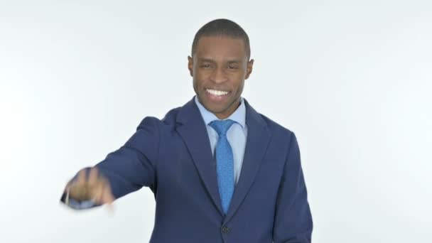Young African Businessman Sign White Background — Video