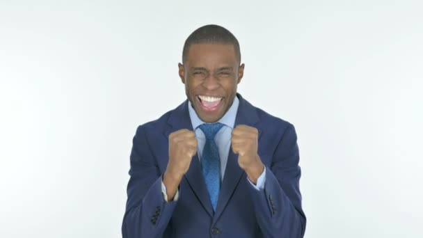 Successful Young African Businessman Celebrating Achievement White Background — Vídeo de stock